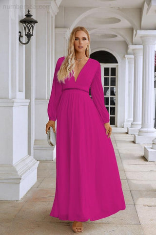 Ladies V Neck Chiffon Long Sleeve Front Slit Bridesmaid Evening Dress Wedding Party Shopping Evening Dress 28109