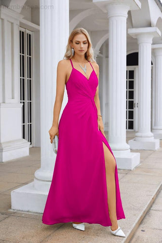 Ladies Chiffon Spaghetti Strap V Neck Front Slit Floor Length Bridesmaid Evening Dress Prom Party Wedding Evening Dress 28116