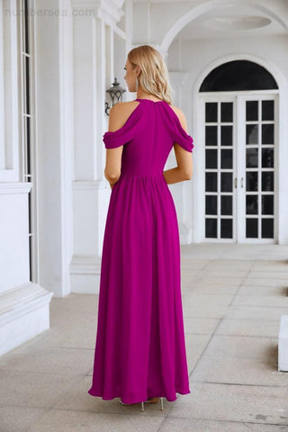 Ladies Chiffon Off Shoulder Swing Sleeve Front Slit Bridesmaid Evening Dress Wedding Party Evening Dress 28117