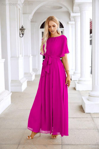 Ladies Chiffon Sleeve Crew Neck Front Slit Floor Length Bridesmaid Evening Dress Wedding Party Evening Dress 28124