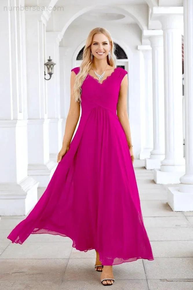 Ladies Chiffon V Neck Sleeveless Floor Length Bridesmaid Evening Dress Wedding Party Evening Dress 28126 by numbersea