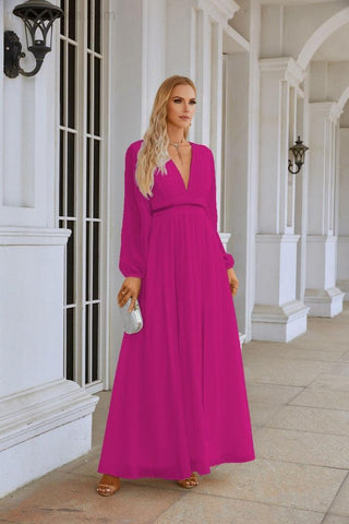 Ladies V Neck Chiffon Long Sleeve Front Slit Bridesmaid Evening Dress Wedding Party Shopping Evening Dress 28109