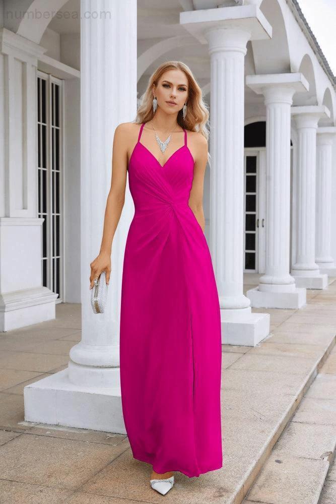 Ladies Chiffon Spaghetti Strap V Neck Front Slit Floor Length Bridesmaid Evening Dress Prom Party Wedding Evening Dress 28116 by numbersea