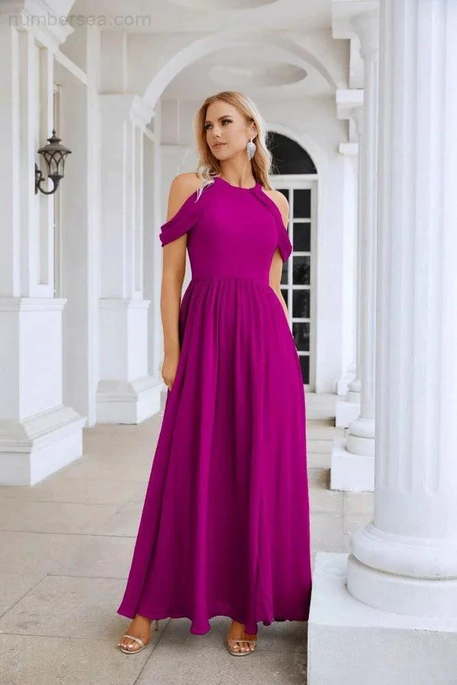 Ladies Chiffon Off Shoulder Swing Sleeve Front Slit Bridesmaid Evening Dress Wedding Party Evening Dress 28117