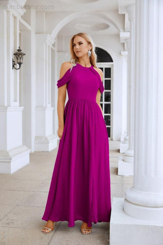 Ladies Chiffon Off Shoulder Swing Sleeve Front Slit Bridesmaid Evening Dress Wedding Party Evening Dress 28117