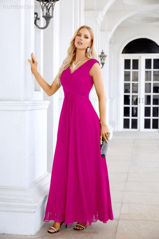 Ladies Chiffon V Neck Sleeveless Floor Length Bridesmaid Evening Dress Wedding Party Evening Dress 28126
