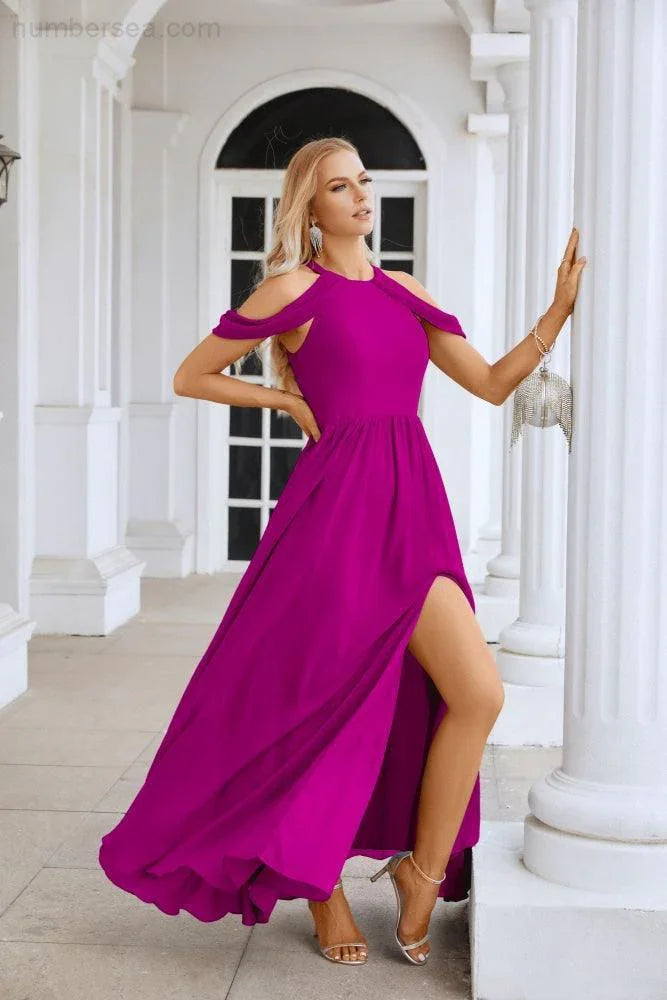 Robe de soirée demoiselle d'honneur pour femme en mousseline, épaules dénudées, manches évasées, fente avant, robe de fête de mariage 28117