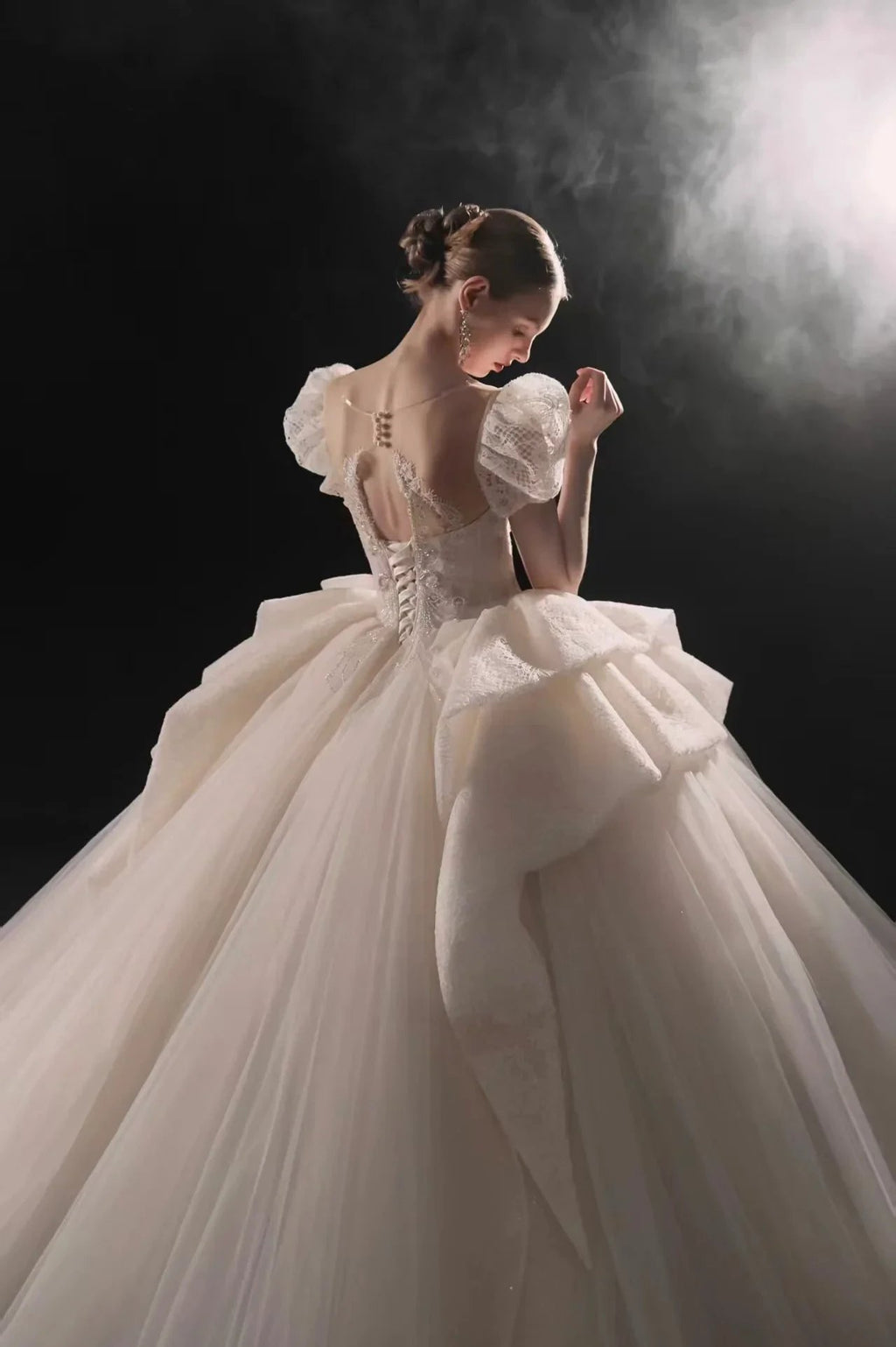 Elegant Sweetheart Ball Gown Lace Puff Sleeve Beaded Embroidery Wedding Dress with Flowing Train E-302 by ZAPDRESS