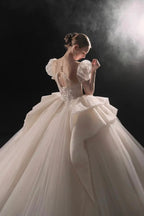 Elegant Sweetheart Ball Gown Lace Puff Sleeve Beaded Embroidery Wedding Dress with Flowing Train E-302 by ZAPDRESS