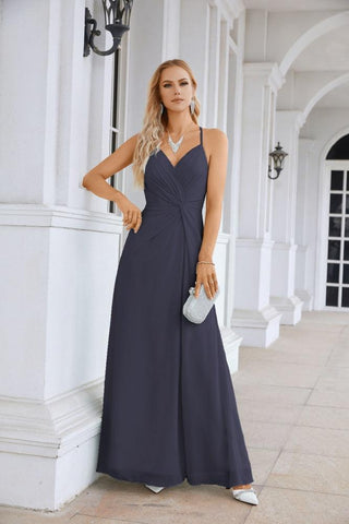 Ladies Chiffon Spaghetti Strap V Neck Front Slit Floor Length Bridesmaid Evening Dress Prom Party Wedding Evening Dress 28116