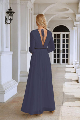 Ladies V Neck Chiffon Long Sleeve Front Slit Bridesmaid Evening Dress Wedding Party Shopping Evening Dress 28109