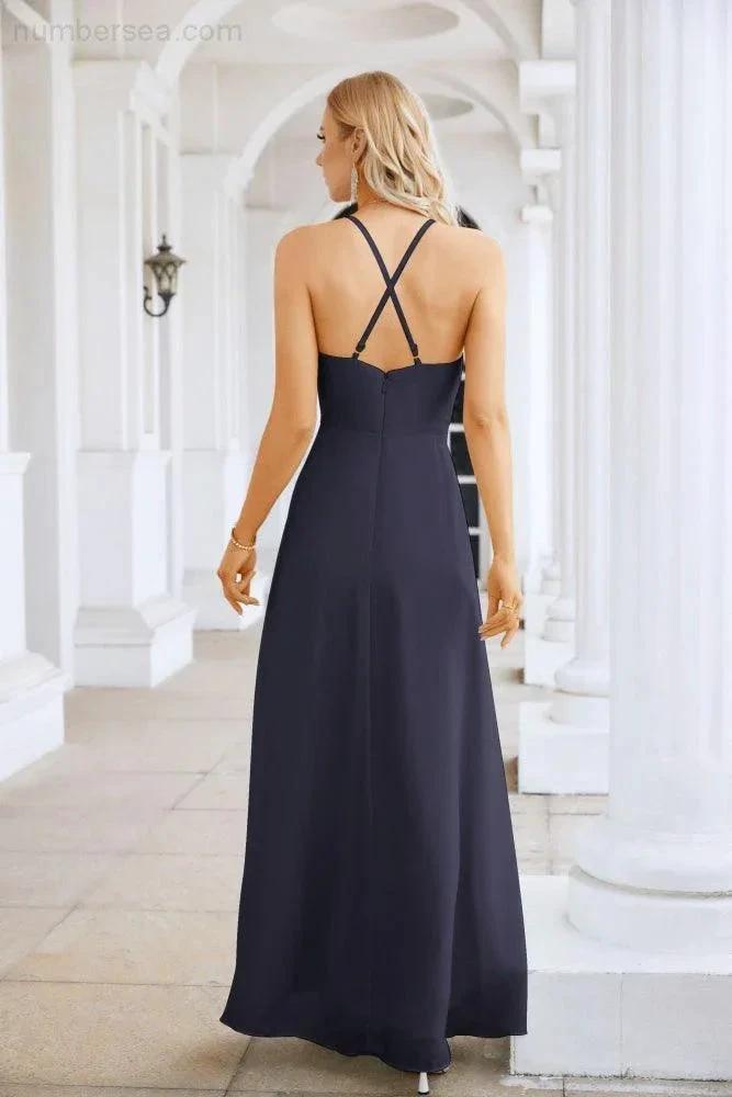 Ladies Chiffon Spaghetti Strap V Neck Front Slit Floor Length Bridesmaid Evening Dress Prom Party Wedding Evening Dress 28116 by numbersea