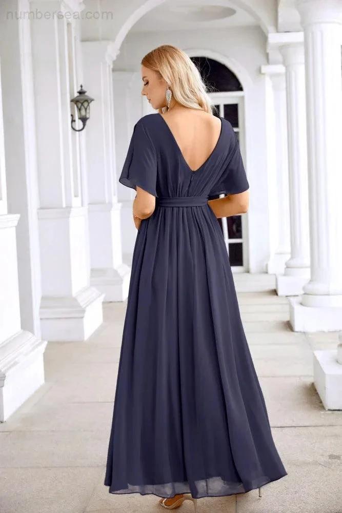 Ladies Chiffon Sleeve Crew Neck Front Slit Floor Length Bridesmaid Evening Dress Wedding Party Evening Dress 28124 by numbersea