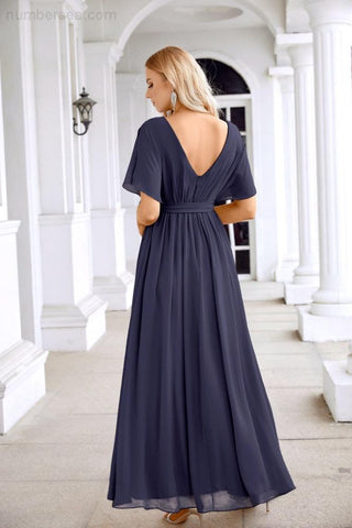 Ladies Chiffon Sleeve Crew Neck Front Slit Floor Length Bridesmaid Evening Dress Wedding Party Evening Dress 28124