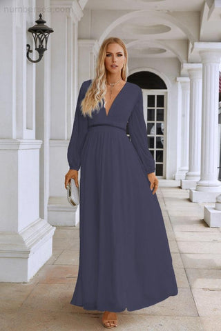 Ladies V Neck Chiffon Long Sleeve Front Slit Bridesmaid Evening Dress Wedding Party Shopping Evening Dress 28109