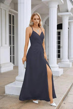 Ladies Chiffon Spaghetti Strap V Neck Front Slit Floor Length Bridesmaid Evening Dress Prom Party Wedding Evening Dress 28116 by numbersea