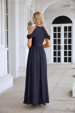 Ladies Chiffon Off Shoulder Swing Sleeve Front Slit Bridesmaid Evening Dress Wedding Party Evening Dress 28117