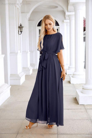 Ladies Chiffon Sleeve Crew Neck Front Slit Floor Length Bridesmaid Evening Dress Wedding Party Evening Dress 28124