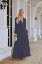 Ladies V Neck Chiffon Long Sleeve Front Slit Bridesmaid Evening Dress Wedding Party Shopping Evening Dress 28109 by numbersea