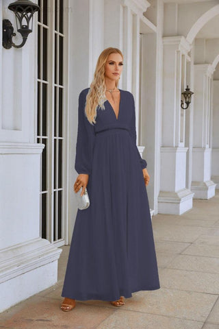 Ladies V Neck Chiffon Long Sleeve Front Slit Bridesmaid Evening Dress Wedding Party Shopping Evening Dress 28109
