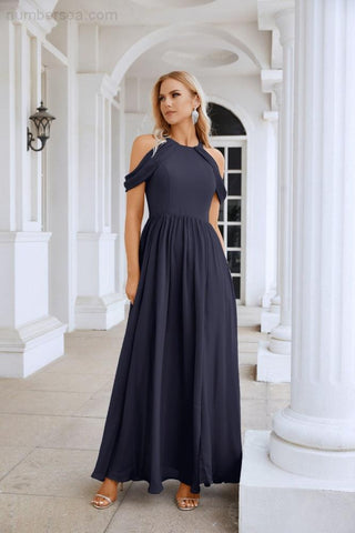 Ladies Chiffon Off Shoulder Swing Sleeve Front Slit Bridesmaid Evening Dress Wedding Party Evening Dress 28117