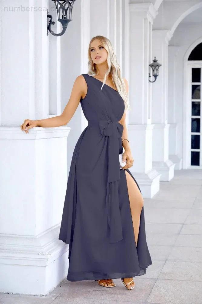 Ladies Chiffon One Shoulder Bridesmaid Evening Dress Wedding Party Evening Dress 28133 by numbersea