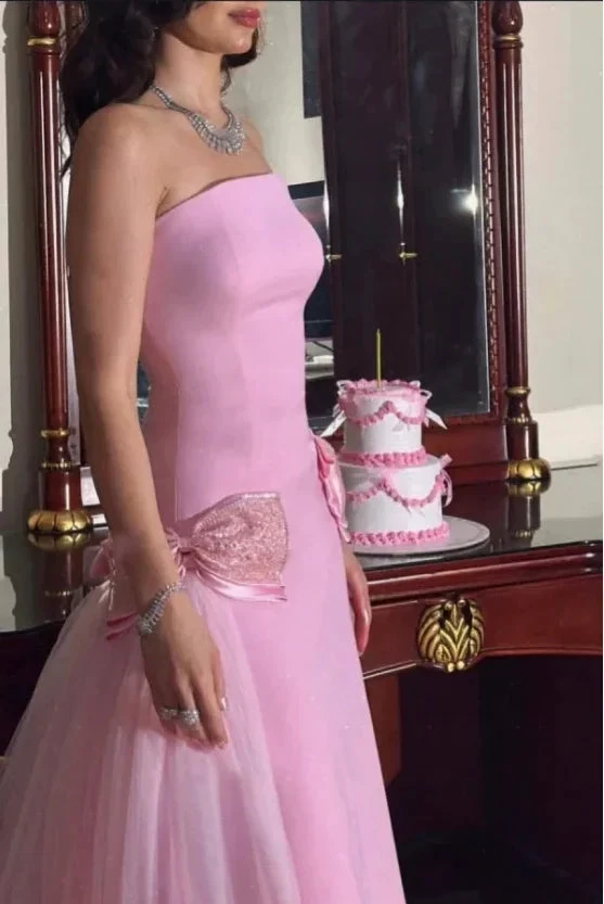 Sweet Pink Strapless Bow-Knot Long Prom Dress,Tulle Satin Evening Dress Y8053 by simplepromdress