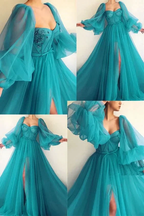 Puff Sleeve Prom Dresses Side Slit A Line Evening Gowns Y514 by simplepromdress