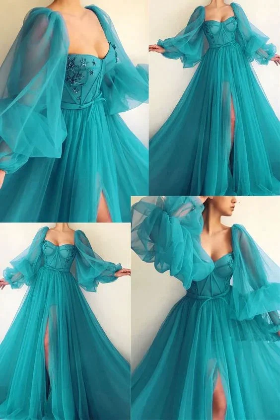 Puff Sleeve Prom Dresses Side Slit A Line Evening Gowns Y514 by simplepromdress