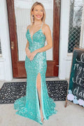 Light Jade Sequin Lace-Up Back Mermaid Long Prom Dress by KissProm
