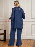 Separates Jumpsuit/Pantsuit Scoop Floor-Length Lace Chiffon Mother of the Bride Dress With Sequins