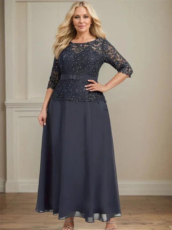 A-line Scoop Illusion Ankle-Length Chiffon Lace Mother of the Bride Dress With Rhinestone Beading by Dreamylily