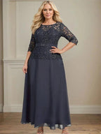 A-line Scoop Illusion Ankle-Length Chiffon Lace Mother of the Bride Dress With Rhinestone Beading by Dreamylily