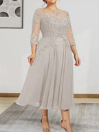 A-line Scoop Illusion Tea-Length Chiffon Lace Mother of the Bride Dress With Beading Sequins by Dreamylily