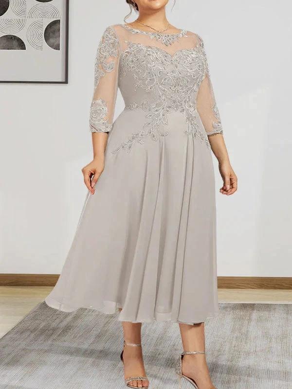 A-line Scoop Illusion Tea-Length Chiffon Lace Mother of the Bride Dress With Beading Sequins by Dreamylily