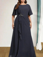 A-line Scoop Floor-Length Chiffon Mother of the Bride Dress With Cascading Ruffles Beading Sequins by Dreamylily