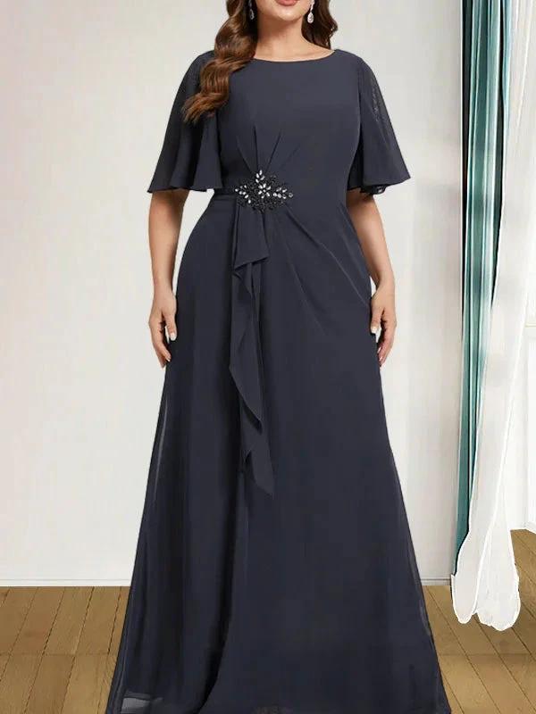 A-line Scoop Floor-Length Chiffon Mother of the Bride Dress With Cascading Ruffles Beading Sequins by Dreamylily