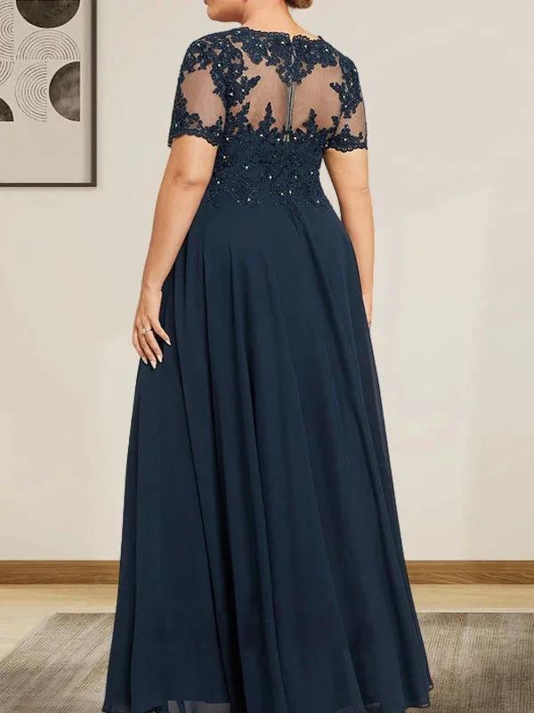 A-line Scoop Illusion Floor-Length Chiffon Lace Mother of the Bride Dress With Sequins Beading by Dreamylily