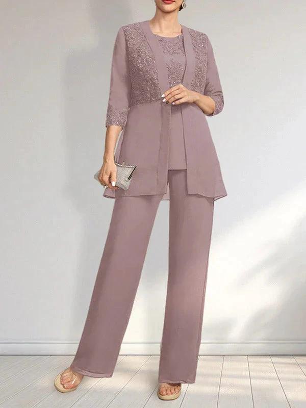 Jumpsuit/Pantsuit Separates Scoop Floor-Length Chiffon Lace Mother of the Bride Dress With Sequins by Dreamylily