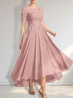 A-line Scoop Illusion Asymmetrical Chiffon Lace Mother of the Bride Dress With Sequins by Dreamylily