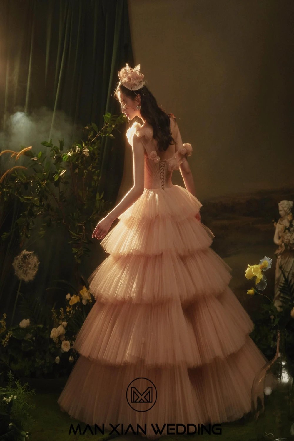 Ethereal Blush Strapless Tulle Ball Gown with 3D Floral Accents & Tiered Ruffles by ZAPDRESS