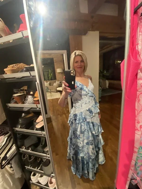 Gorgeous Blue Sleeveless V-Neck Lace Ruffle Tiered Evening Dress Formal Prom Dress Y8460 by simplepromdress