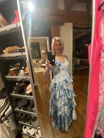 Gorgeous Blue Sleeveless V-Neck Lace Ruffle Tiered Evening Dress Formal Prom Dress Y8460