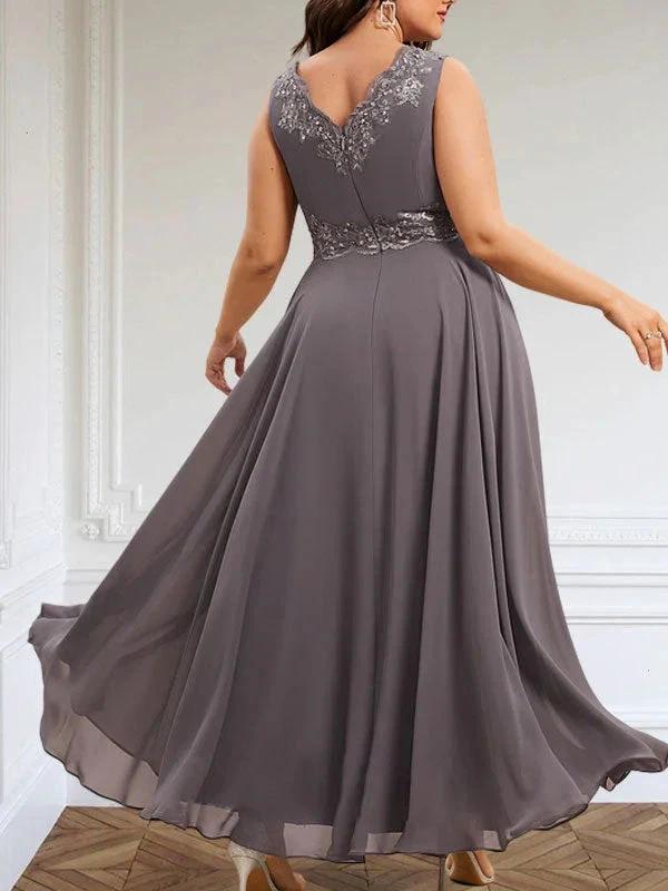 A-line V-Neck Ankle-Length Chiffon Mother of the Bride Dress With Sequins Appliques Lace Beading by Dreamylily