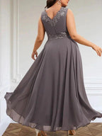 A-line V-Neck Ankle-Length Chiffon Mother of the Bride Dress With Sequins Appliques Lace Beading by Dreamylily