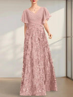 A-line V-Neck Floor-Length Lace Sequin Chiffon Mother of the Bride Dress With Pleated by Dreamylily
