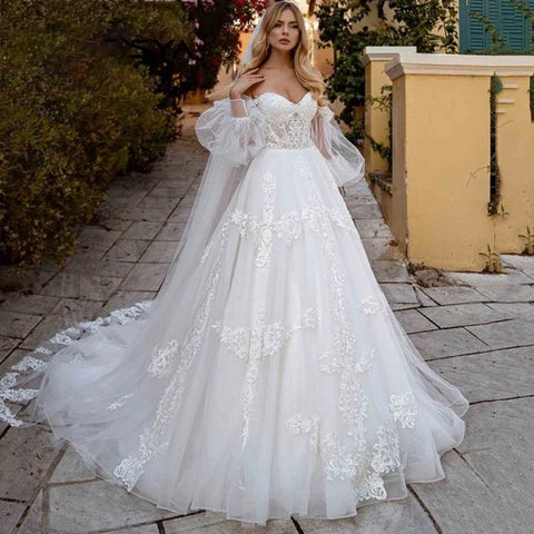 Vestido de novia de princesa de tul ilusión, mangas abullonadas, hombros descubiertos, escote corazón, apliques de encaje, vestidos de novia 