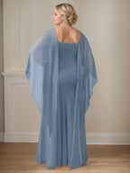 Bodenlanges Etui-Kleid aus Chiffon mit U-Ausschnitt und kaskadierenden Rüschen 