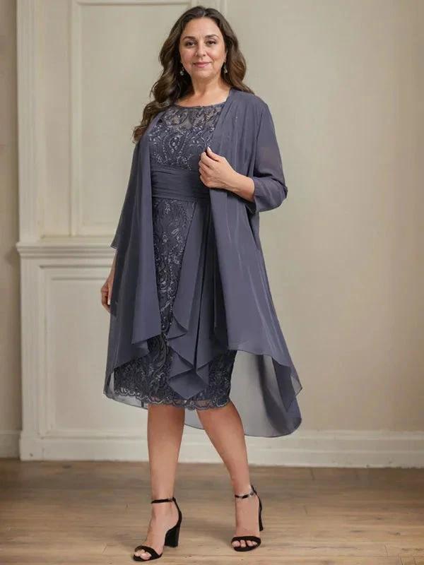 Sheath/Column Scoop Illusion Knee-Length Lace Chiffon Mother of the Bride Dress With Cascading Ruffles Sequins by Dreamylily