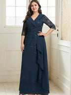 A-line Collared V-Neck Floor-Length Lace Chiffon Mother of the Bride Dress With Sequins Cascading Ruffles by Dreamylily